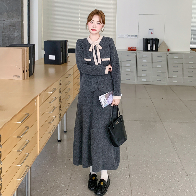 一整套穿搭毛呢套装裙女2025秋季新款学院风撞色上衣半身裙两件套