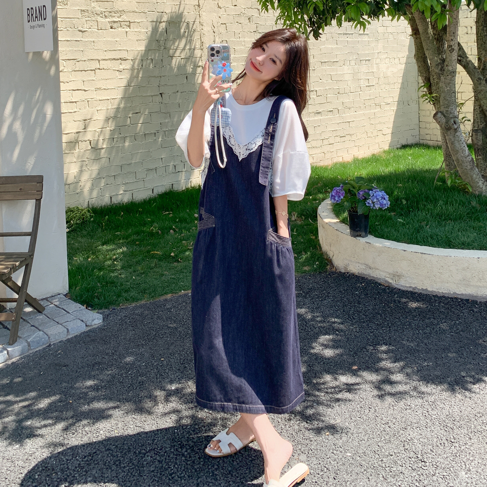 韩版气质蕾丝拼接牛仔背带连衣裙套装女2025夏新款圆领T恤两件套