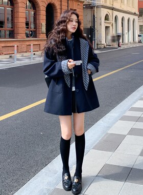 藏蓝色简约气质可拆卸连帽毛呢外套女2025冬季新款独特设计呢大衣