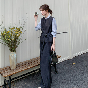 灰色设计感系带收腰马甲套装女2026春季新款百搭衬衫阔腿裤三件套