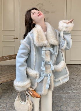 浅蓝色富家千金感毛绒绒皮毛一体棉服女2025冬新款蝴蝶结棉衣外套