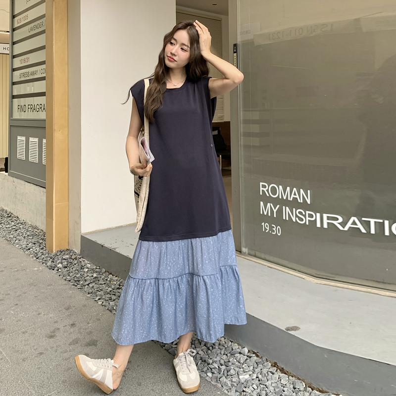 韩版时尚浪漫松弛感拼接连衣裙女2025年夏季新款时髦洋气过膝长裙