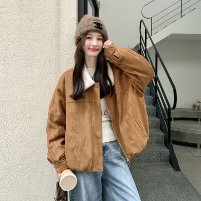 棕色韩系复古麂皮绒翻毛领羽绒服女2025冬季新款防风保暖休闲外套