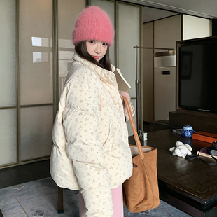 米白色可盐可甜少女感碎花羽绒服女2025冬季新款白鸭绒短款面包服