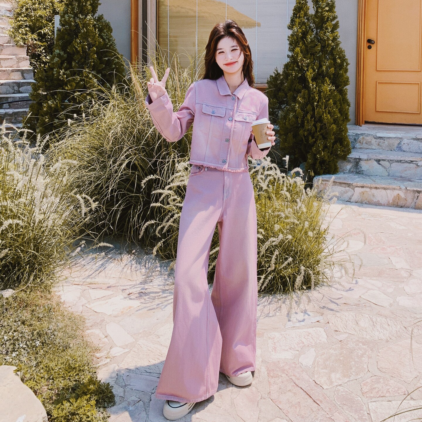 粉色盐系复古文艺范牛仔套装女