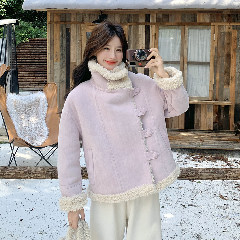 紫色浪漫温柔风羊羔毛麂皮绒外套