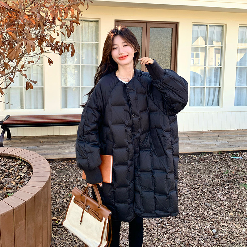 黑色韩版极简风中长款90白鸭绒羽绒服女2025冬季新款御姐范面包服