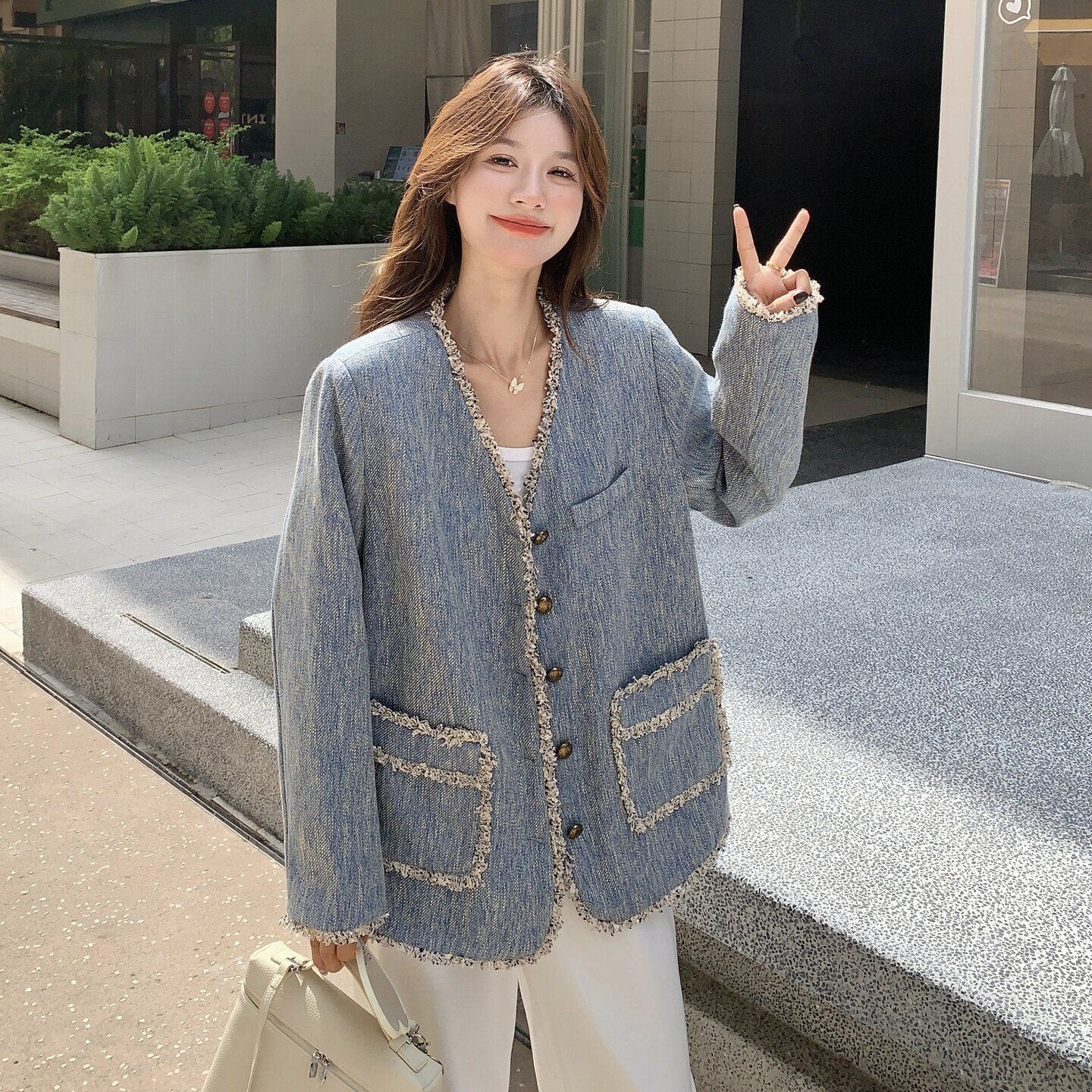 蓝色法式轻奢高级感小香外套女2026春季新款流苏包边气质减龄上衣