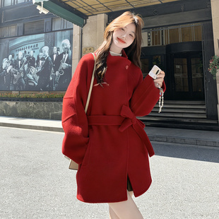 红色气质女神范双面呢羊毛大衣女2025年冬季 绑带收腰毛呢外套 新款