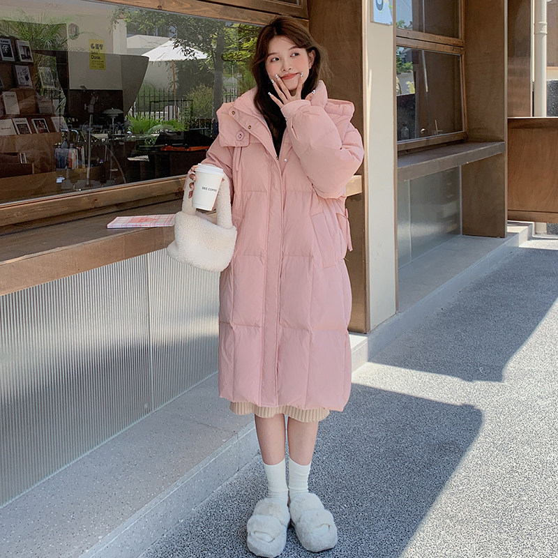 粉色设计感防风连帽立领羽绒服女2025冬季新款休闲时尚白鸭绒外套