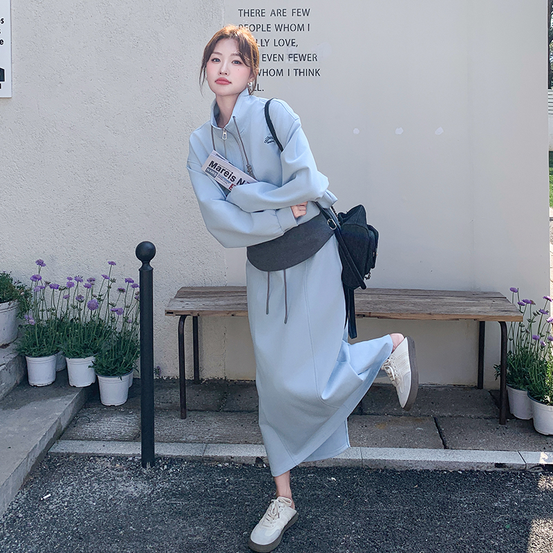 蓝色休闲运动风套装裙女2025春季新款字母刺绣卫衣半身长裙两件套