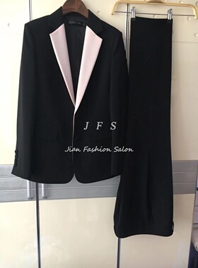 JFS高端私人定制明星同款西服黑色相拼单排扣套装九分裤