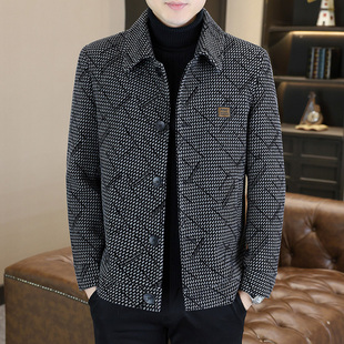 冬季男士高档毛呢大衣翻领时尚短款加绒呢子外套潮流休闲夹克棉衣