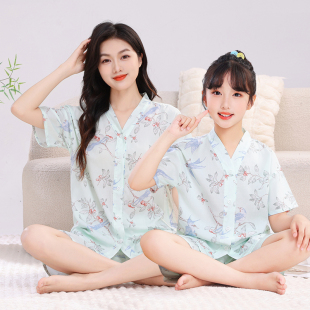 夏季儿童棉绸睡衣短袖短裤棉绸家居服套装男孩女童亲子绵绸空调服