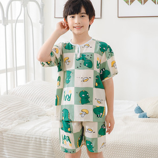 夏季男童绵绸套装儿童棉绸睡衣短袖短裤空调服女童小孩子棉家居服
