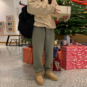 市舶司现货下摆抽绳束脚裤 韩国女装冬春新款松紧高腰加绒休闲裤