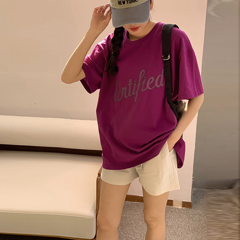 luxe质感棉 现货韩国女装2023春夏新小众紫色蓝色宽松短袖T恤女