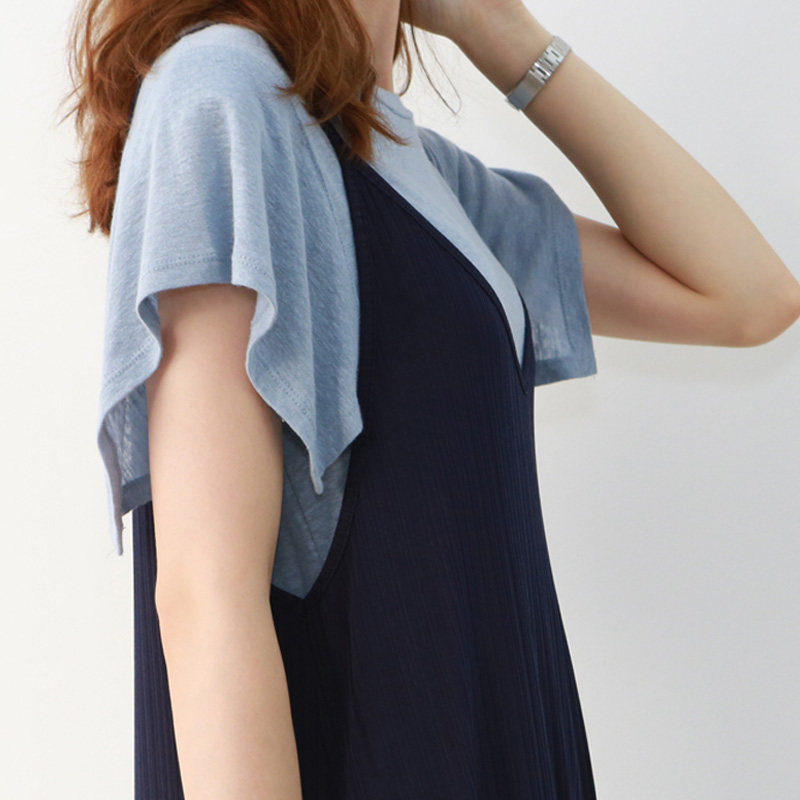 市舶司遮住拜拜肉 现货韩国女装夏新简约宽松棉麻拼接短袖纯色T恤