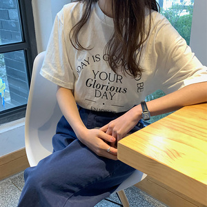 市舶司 时尚字母~舒适 韩国女装2024春夏装新款圆领宽松短袖T恤女