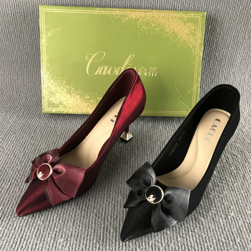 高蒂品牌女鞋断码撤柜处理优雅黑色高跟鞋蝴蝶结法式尖头浅口单鞋