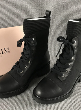 安玛莉断码撤柜处理女鞋秋冬厚底防滑真皮马丁靴韩版织物弹力靴秋