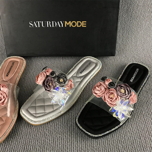 花朵水鉆度假沙灘鞋 休閑外穿平底涼拖女 撤柜夏季 SATURDAYMODE斷碼