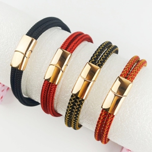 男士黄金手绳手链双圈5mm可穿珠钢丝绳半成品龙鳞绳玫瑰金色扣子