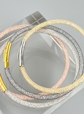 超闪设计钢丝网手链女超闪水晶颗粒装饰高级感百搭按扣手绳配饰品