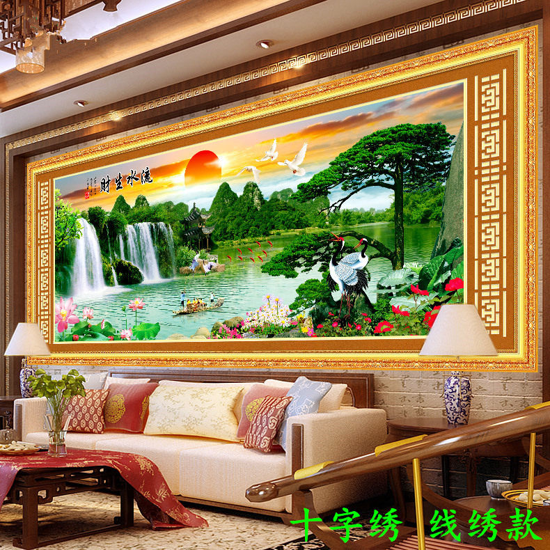 ks风景流水生财迎客松印花十字绣