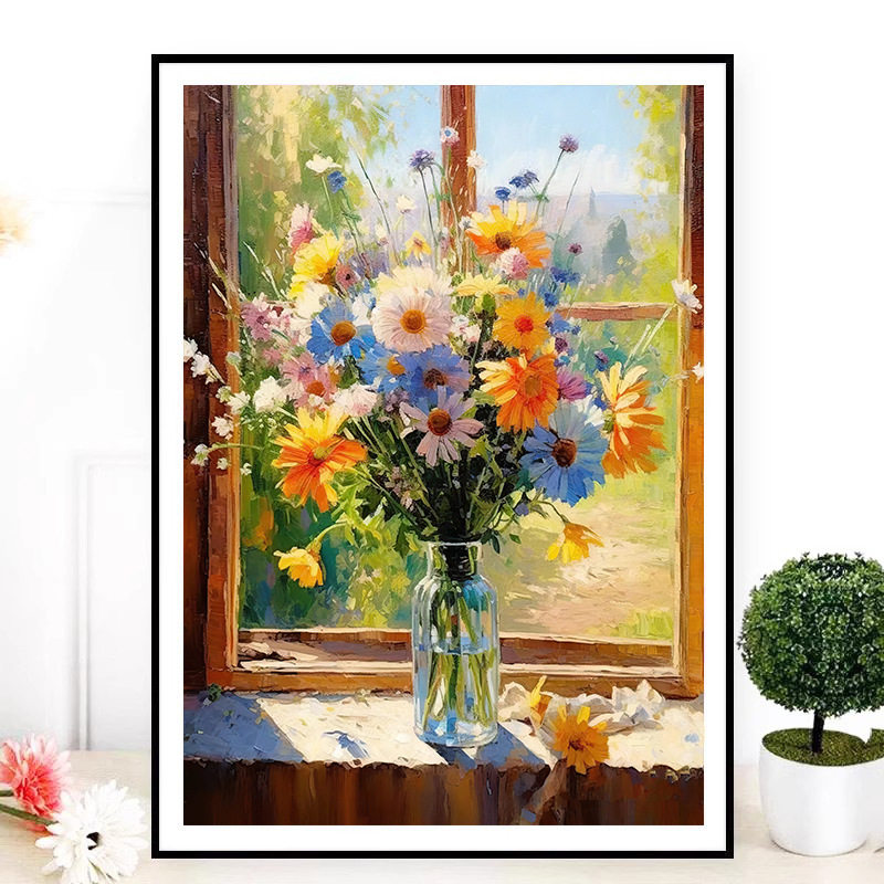 KS色系新款客餐厅卧室小幅花卉小雏菊油画花瓶简约现代满绣十字绣