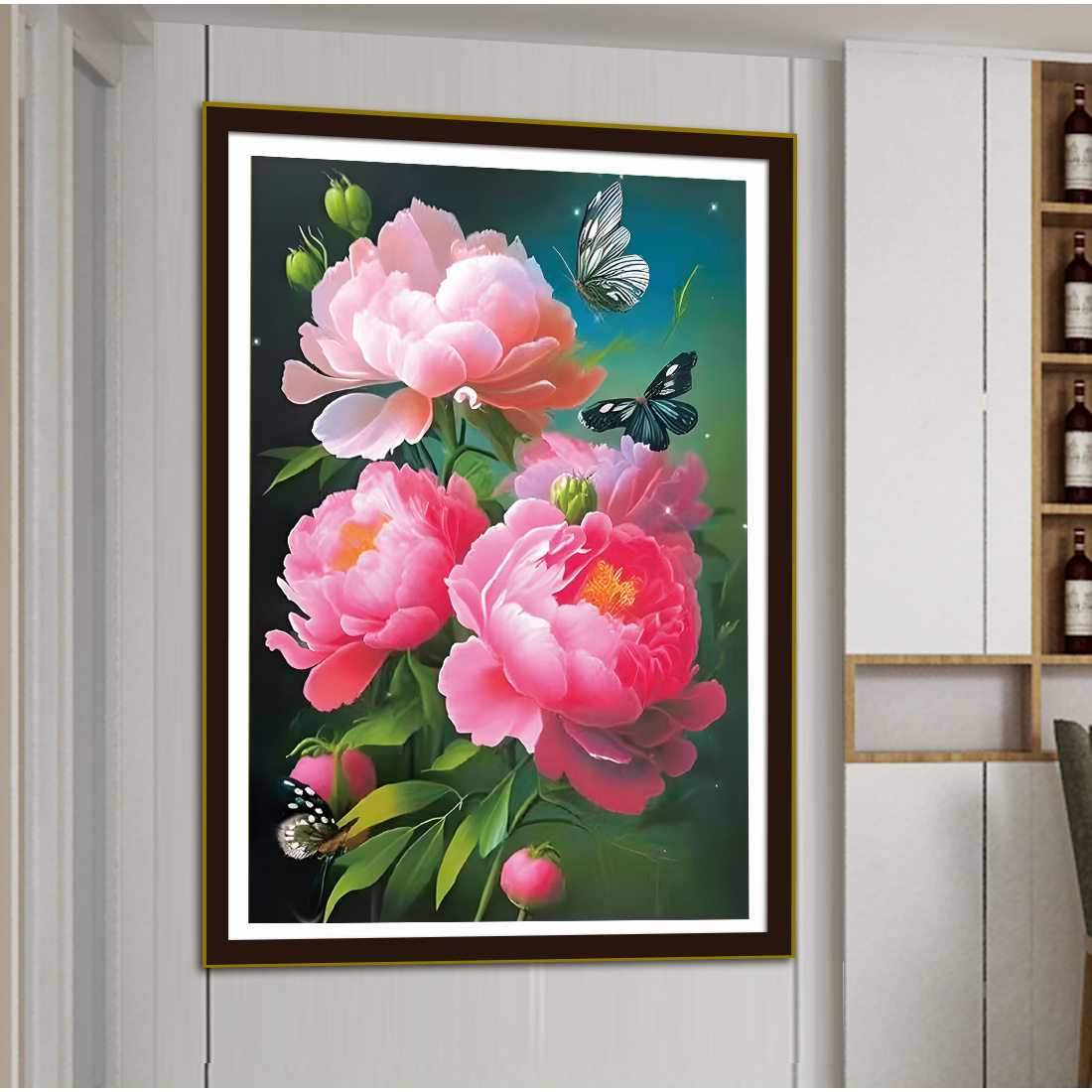 KS色系新款客厅卧室玄关竖版红牡丹花蝶舞手工刺绣简约满绣十字绣