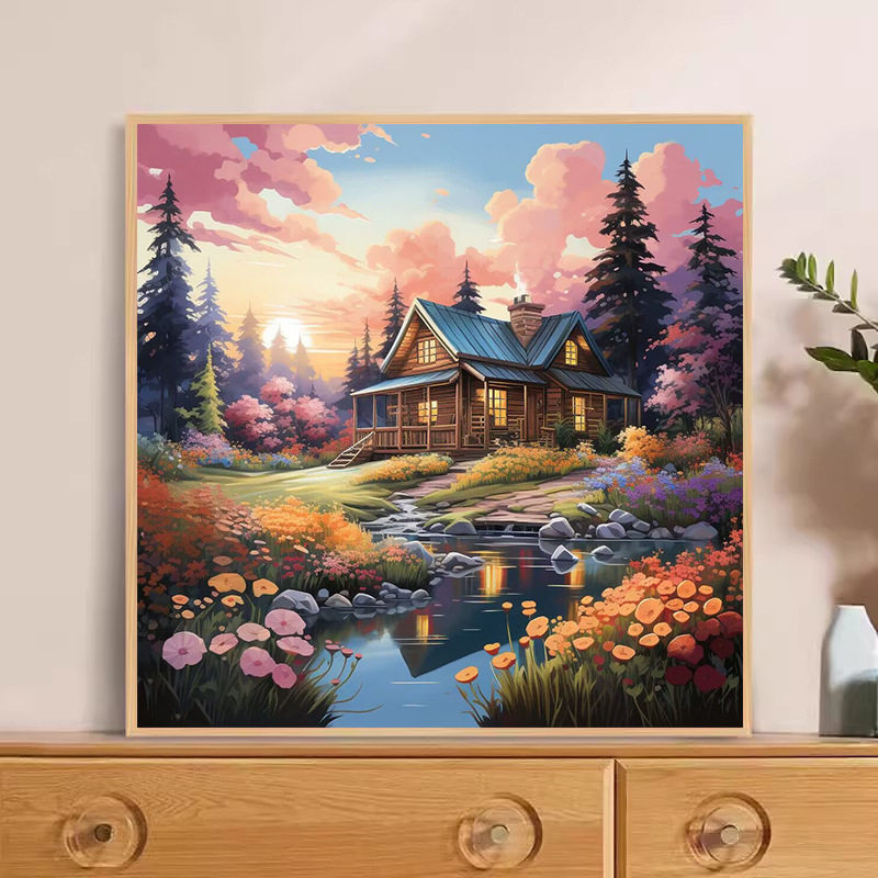 ks新款小幅风景画湖边小屋十字绣
