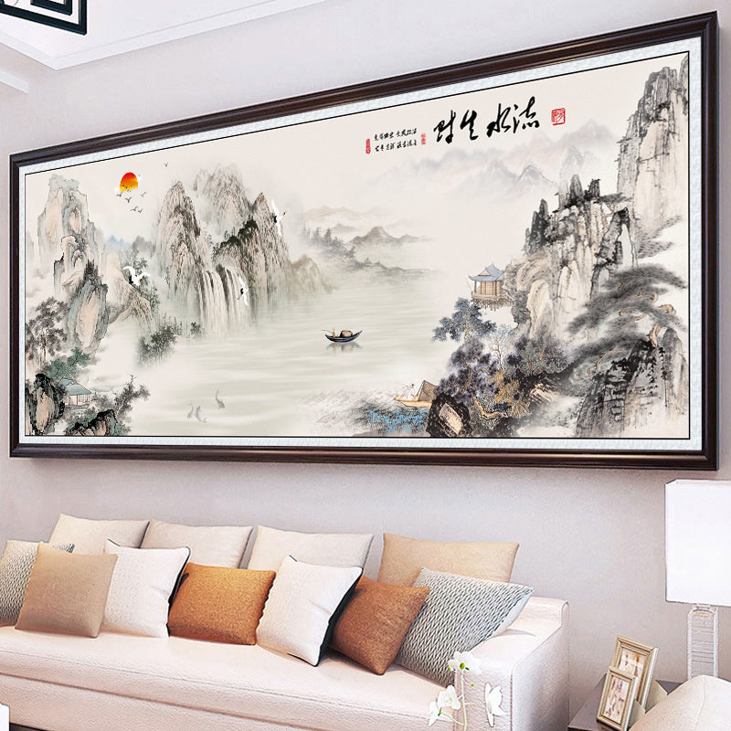KS色系新款客厅大幅山水风景流水生财水墨版中国风满绣印花十字绣