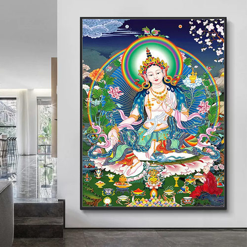 KS色系新款客厅玄关竖版白度母大幅宗教人物菩萨手工自贴满钻石绣