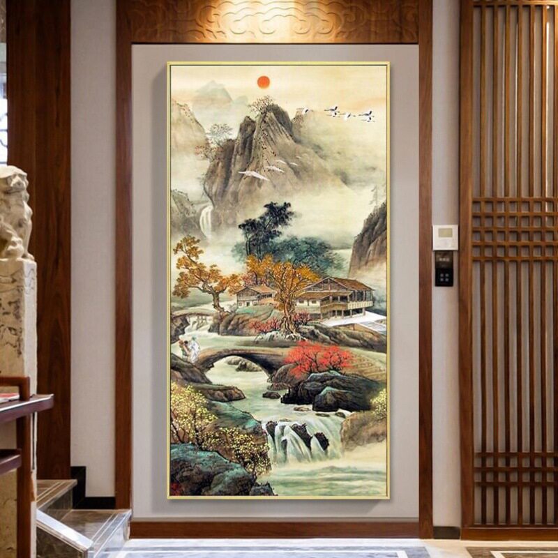 KS色系新款客厅过道玄关竖版山野人家旭日东升风景满绣印花十字绣