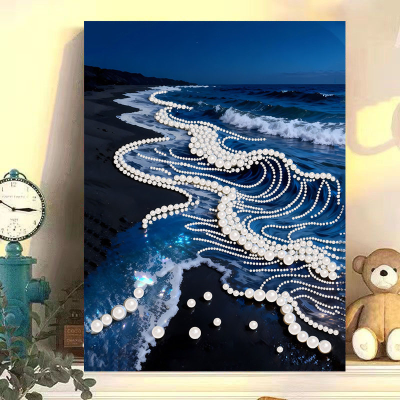 爆款现代时尚粘珠画小幅风景海浪海滩水母简单解压贴钻石绣珍珠画