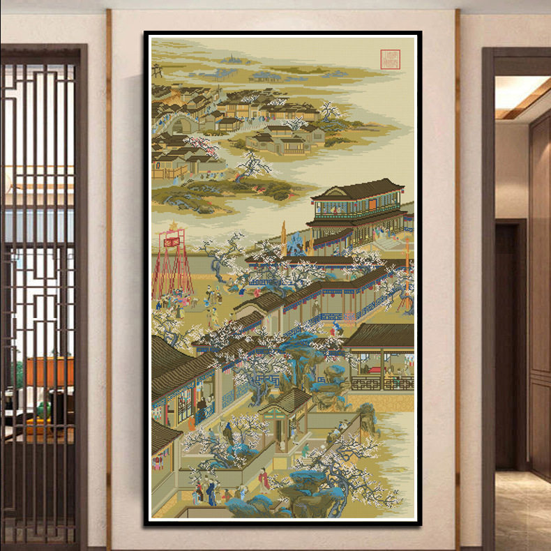 KS色系新款客厅大幅竖版中国画雍正十二月行乐图之正月观灯十字绣