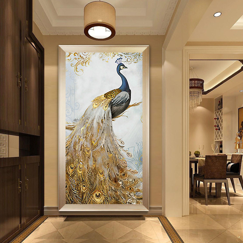 KS色系新款客厅玄关竖版金色孔雀轻奢现代背景墙装饰画满贴钻石绣