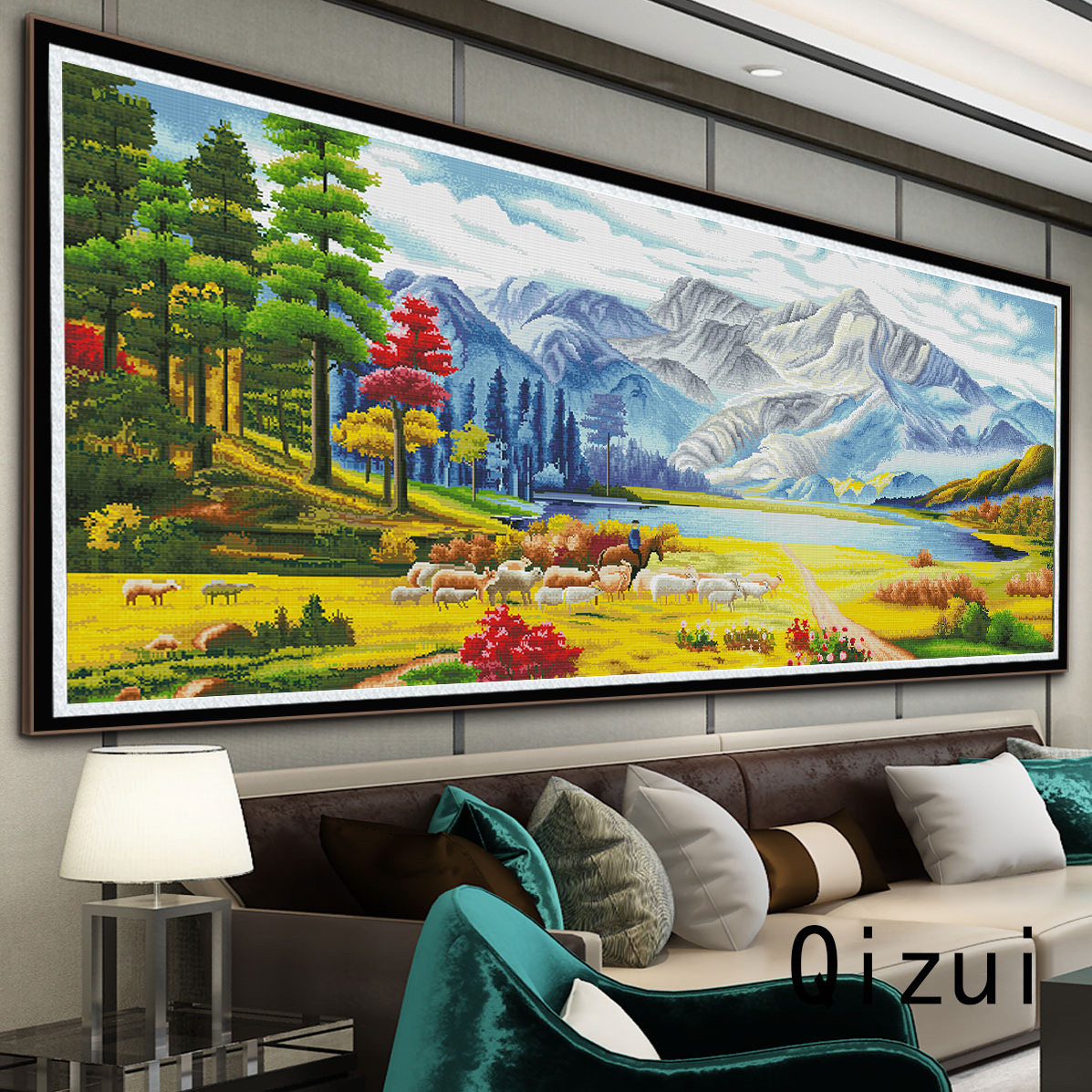 KS色系新款客厅沙发背景挂画风景图牧羊图满绣动物山水印花十字绣