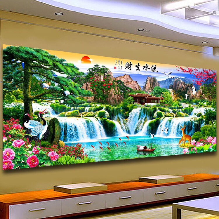 KS色系新款客厅大幅现代山水风景流水生财迎客松AB彩异形满钻石画