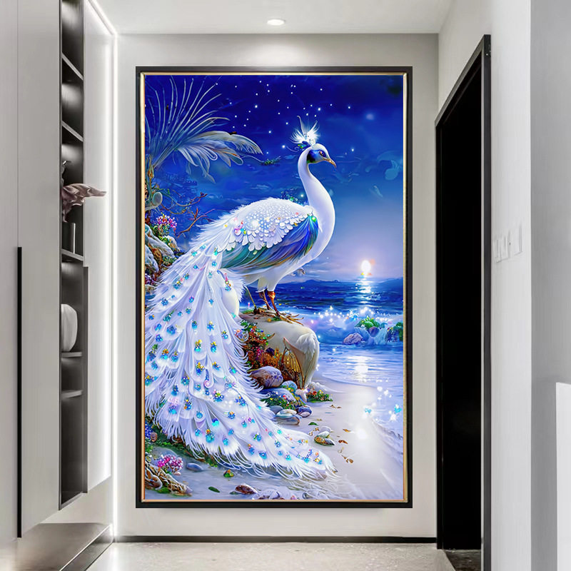 KS色系客厅新款玄关竖版简约现代蓝色孔雀钻石画雀之灵满绣十字绣