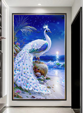 KS色系客厅新款玄关竖版简约现代蓝色孔雀钻石画雀之灵满绣十字绣
