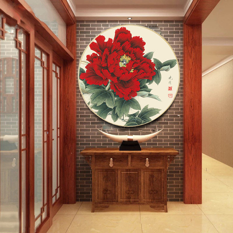 ks色系新款客餐厅卧室小幅花开富贵红牡丹圆形手工diy点满钻石画