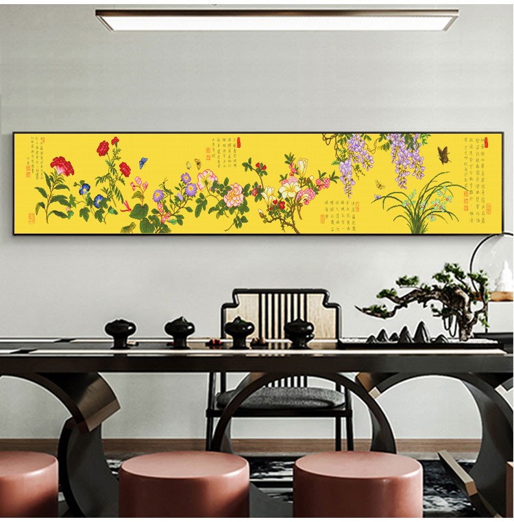 KS色系新款横版客厅大幅古典花卉百花图名画古绢布满绣印花十字绣
