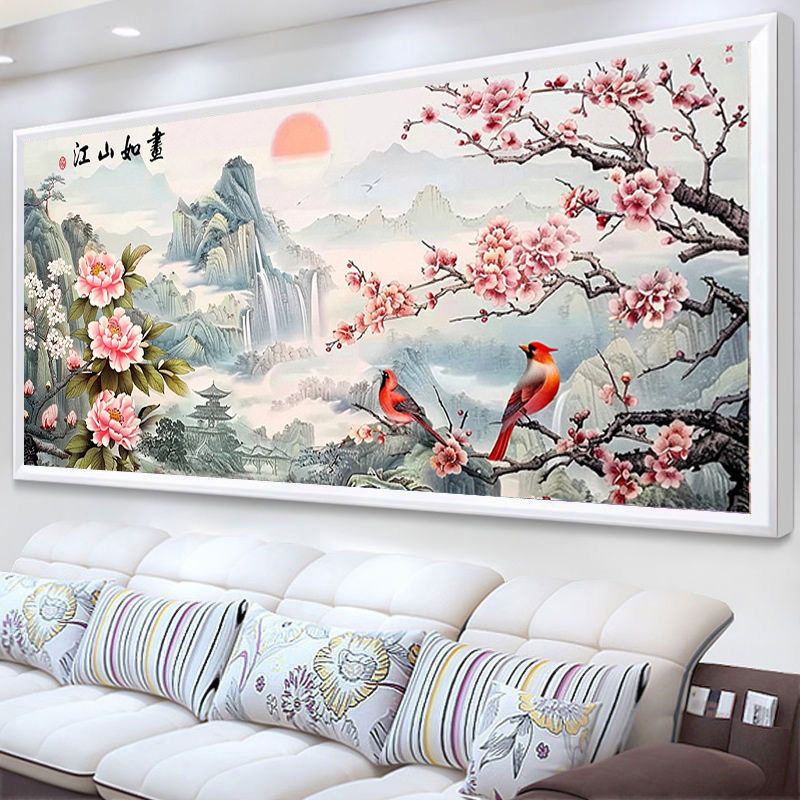 KS色系新款客厅大幅风景江山如画鸟语花香简约现代大气印花十字绣