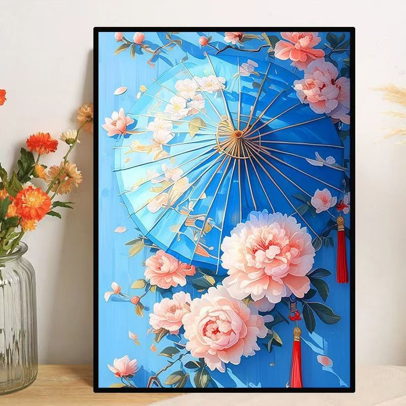 KS色系新款客厅玄关竖版挂画西湖之梦幻牡丹油纸伞新中式十字绣