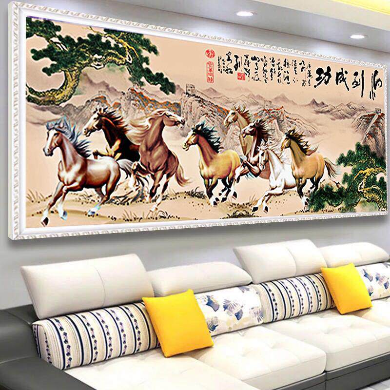 KS色系新款客厅办公室大幅国画八骏图马到成功迎客松满线绣十字绣