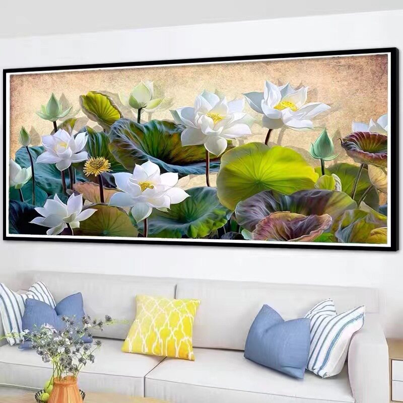 KS色系新款客厅大幅花卉风景画白莲花荷花手工自绣印花满绣十字绣