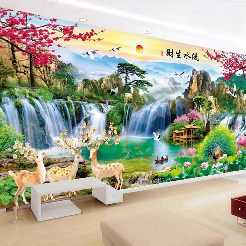 KS色系新款客厅大幅风景山水画流水生财麋鹿孔雀开屏满线绣十字绣