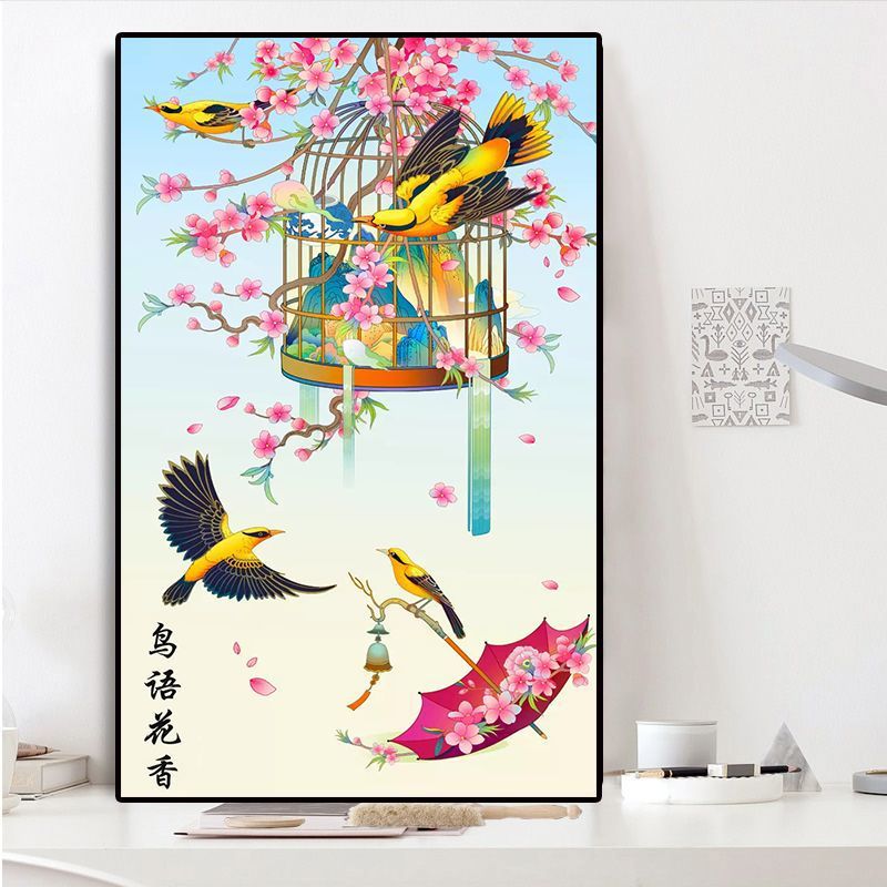 KS色系新款客厅卧室小幅动物花卉鸟语花香喜鹊手工自绣印花十字绣